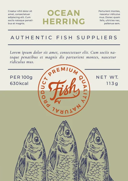 Ocean Fish Abstract Vector Packaging Design eller etikett. Modern typografi Banner, handritad sill Silhuett med bokstäver logotyp stämpel. Färg papper bakgrund Layout. — Stock vektor