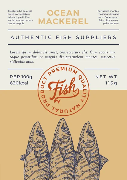 Ocean Fish Abstract Vector Packaging Design oder Etikett. Moderne Typografie-Banner, handgezeichnete Makrelensilhouette mit Schriftzug-Logo-Stempel. Farbpapier Hintergrund Layout. — Stockvektor