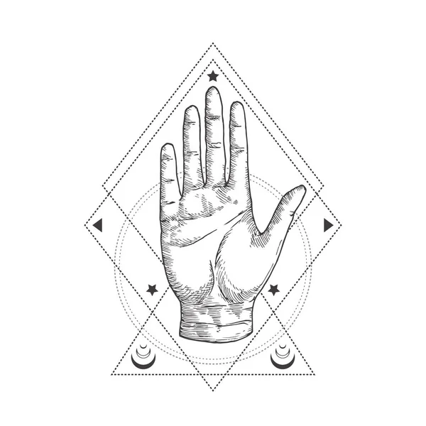 Soyut Okült Sembolü, Vintage Style Logosu veya Dövme Şablonu. El yapımı Palm Hand Sketch Sembolü ve Geometrik El Falı veya Chiromancy Mistik Sihirli Süsler ve İşaretler.
