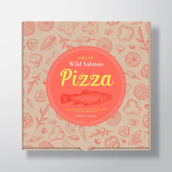 Lax Fish Pizza Realistisk kartong. Abstrakt vektorförpackningsdesign eller etikett. Modern typografi, Skiss sömlös mönster av ost, tomat, korv. Hantverkspapper bakgrund layout. — Stock vektor