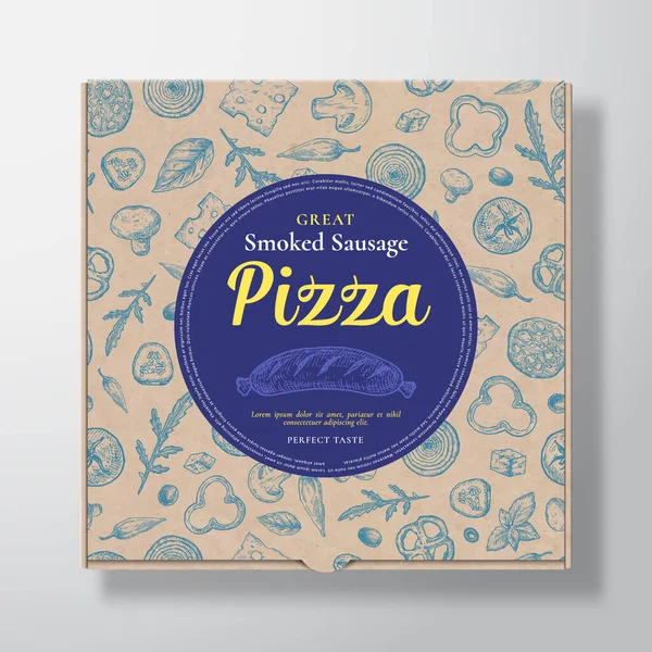 Kotak Kardus Realistik Pizza Sosis Berasap. Rancangan Paket Vektor Abstrak atau Label. Typography Modern, Sketch Seamless Pattern of Cheese, Tomato, Sausages (dalam bahasa Inggris). Tata Letak Latar Belakang Kertas Kerajinan. - Stok Vektor