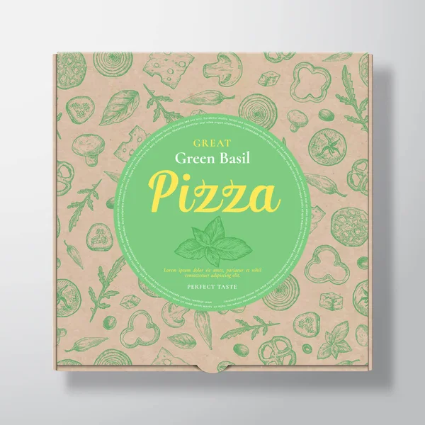 Caja de cartón realista de pizza de albahaca verde. Diseño abstracto de empaquetado vectorial o etiqueta. Tipografía moderna, Dibujo sin costura patrón de queso, tomate, salchichas. Diseño de fondo de papel artesanal. — Archivo Imágenes Vectoriales