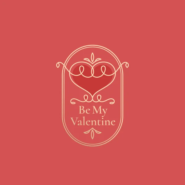 Valentijnsdag Abstract Curly Heart Label met Retro Frame en Vintage Typografie. Goud en roze Pastel kleuren Groet Logo of kaart lay-out. — Stockvector