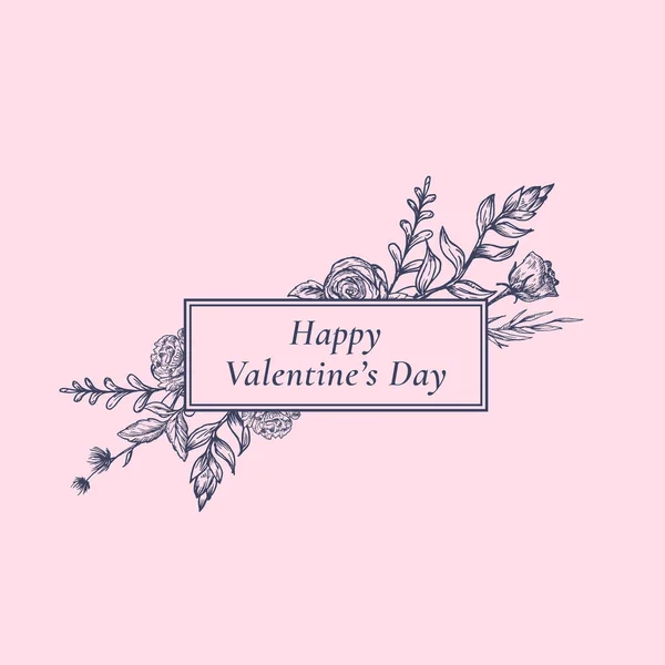 Ημέρα του Αγίου Βαλεντίνου Αφηρημένη βοτανική ετικέτα με ορθογώνιο πλαίσιο Floral Banner και ρετρό τυπογραφία. Χέρι ζωγραφισμένο τριαντάφυλλο και παιώνιος λουλούδια, αφήνει σχέδια. Χρώματα Grey και Pink Pastel. — Διανυσματικό Αρχείο