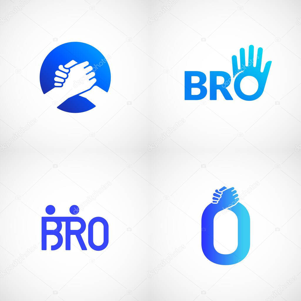Informal Greeting Handshake Abstract Vector Sign, Emblem or Logo Templates Bundle. Brotherhood or Team Lettering Icon. Friendly High Five Palm Hand with O Letter Incorporated. Isolated.
