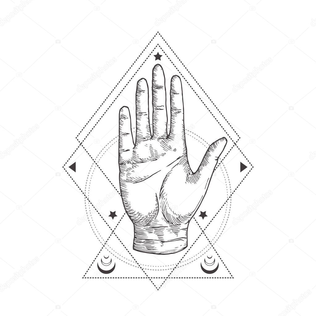 Download Abstract Occult Symbol Vintage Style Logo Or Tattoo Template Hand Drawn Palm Hand Sketch Symbol And Geometric Palmistry Or Chiromancy Mystical Magic Ornaments And Signs Isolated 430377874 Larastock
