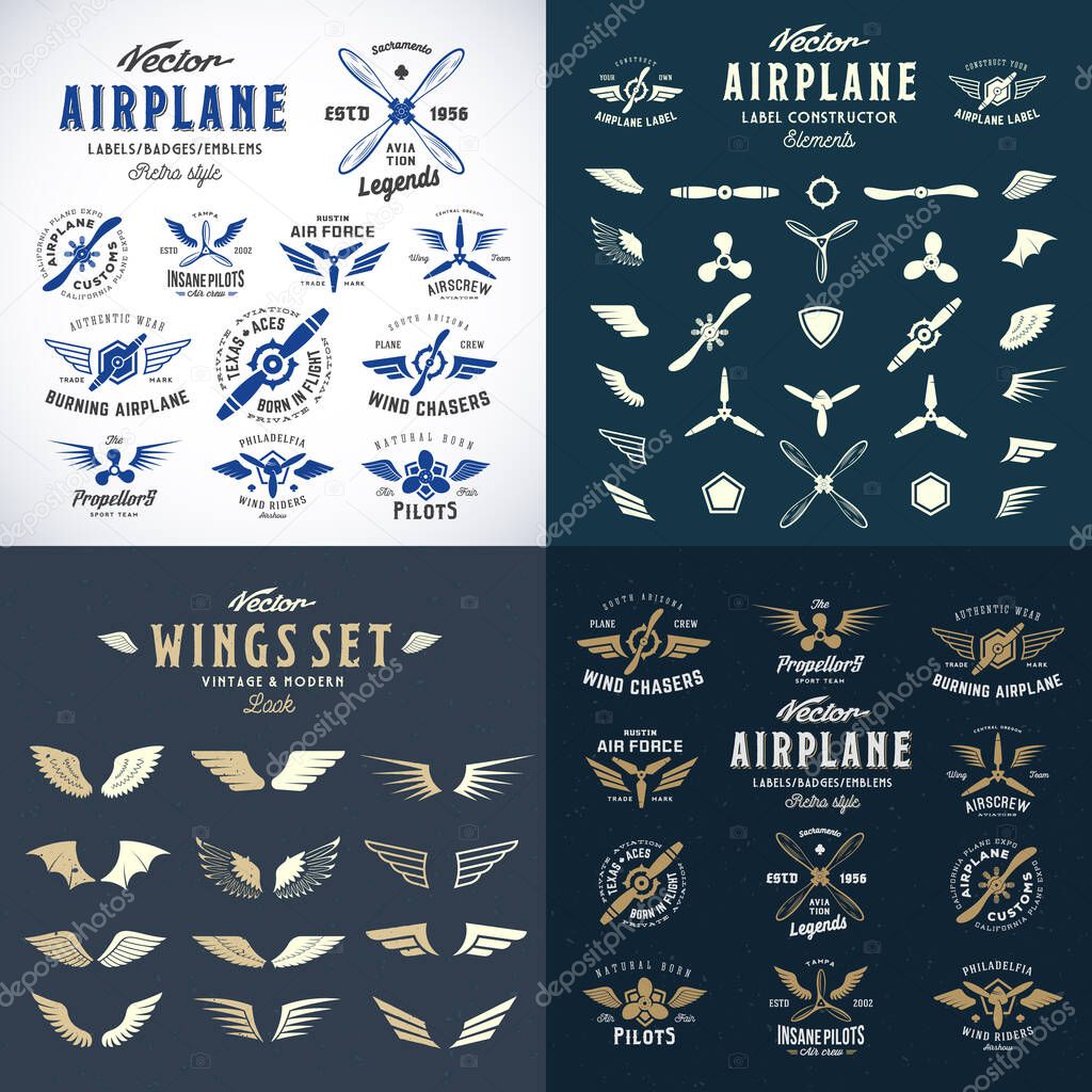 Airplane Retro Labels Construction Bundle. Plane Propellers Logos Set with Wings Symbols, Shields Icons and Decorative Elements.Vintage Style Typography and Shabby Textures.