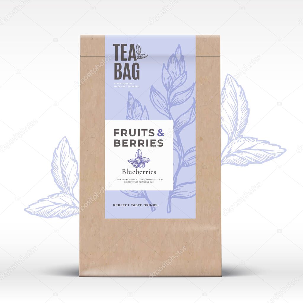 Craft Paper Bag with Fruit and Berries Tea Label. Abstract Vector Packaging Design Layout with Realistic Shadows. Modern Typography, Hand Drawn Blueberry and Leaves Silhouettes Background. Isolated.