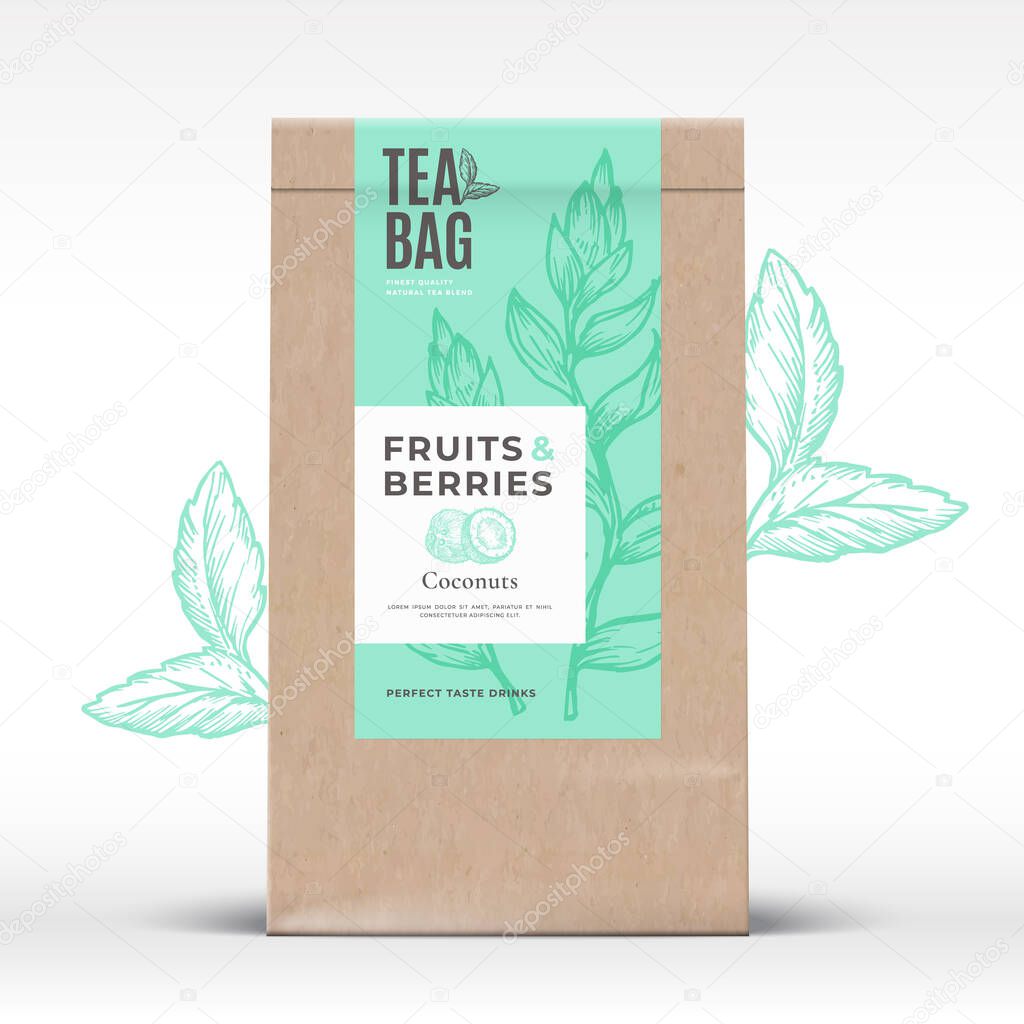 Craft Paper Bag with Fruit and Berries Tea Label. Abstract Vector Packaging Design Layout with Realistic Shadows. Modern Typography, Hand Drawn Coconuts and Leaves Silhouettes Background.