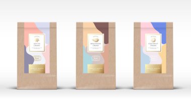 Çikolata Etiketli Kağıt El Çantası. Gerçekçi Gölgelerle Soyut Vektör Tasarım Düzeni. El yapımı hindistan cevizi, baharat ve kakao fasulyesi çizimi siluetleri..