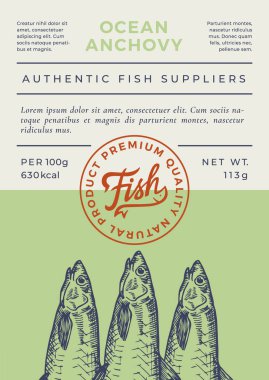 Okyanus Balığı Soyut Vektör Tasarımı veya Etiketi. Modern Typography Banner, Harf Damgalı El Çizimi Ançüez Silueti. Renkli Kağıt Arkaplan Düzeni.