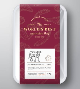 Dünyanın En İyi Biftek Soyut Vektör Plastik Tepsi Kapağı. Premium Et Dikey Paketleme Tasarım Düzeni. El Çekimi İnek, Biftek, Sosis, Kanatlar ve Bacak Çizimi Arkaplanı.