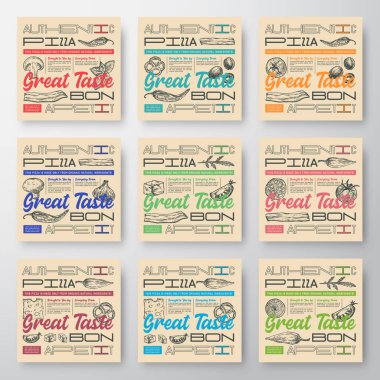 Kaliteli Pizza Etiketleri Seti. Soyut Vektör Gıda Paket Tasarımı veya Kartlar. Modern Typography ve Hand Drawn Pizza Malzemeleri Taslak Arkaplan Düzenleme Paketi. Yumuşak Gerçekçi Gölgeler.