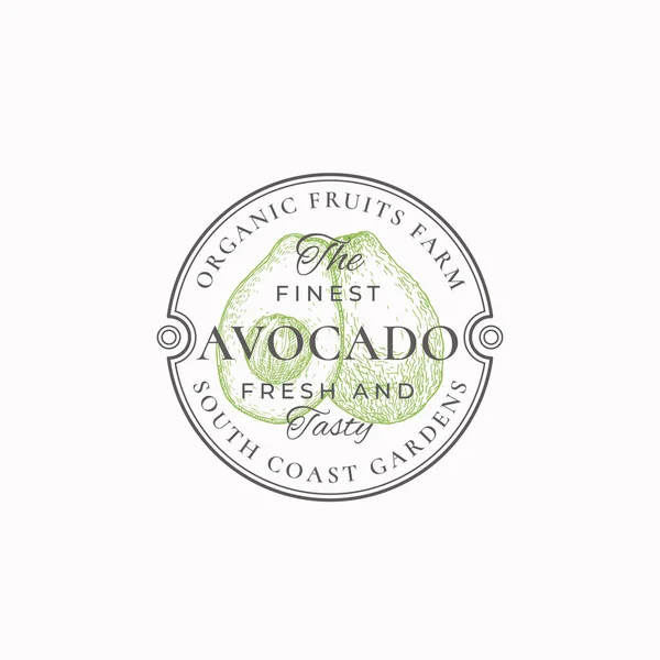 Avokado Farm Round Frame Badge eller Logo Mall. Hand Drawn Avokado med Half Sketch med Retro Typografi och gränser. Vintage Premium Circle Emblem. — Stock vektor