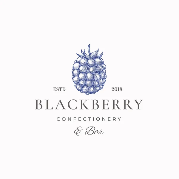 Blackberry Confectionary Abstract Vector Sign, Symbol oder Logo-Vorlage. Handgezeichnete Black Berry Sketch Sillhouette mit eleganter Retro-Typografie. Vintage Luxus Emblem. — Stockvektor