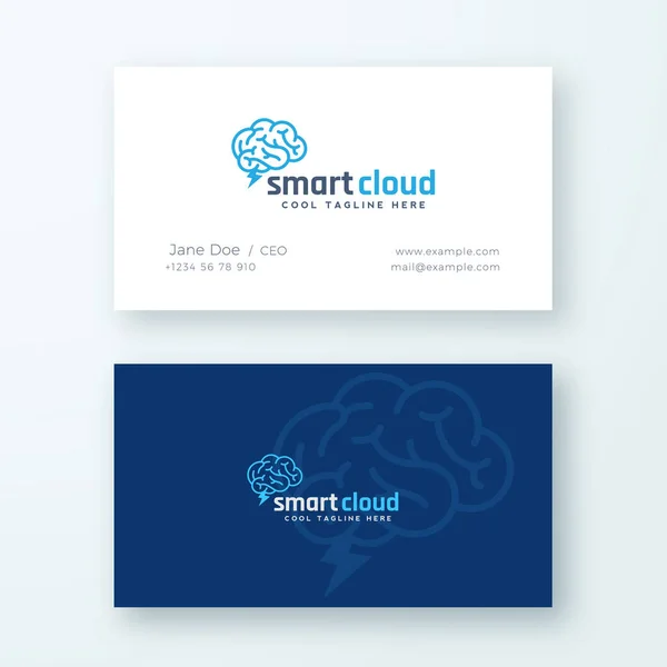 Smart Cloud Abstract Vector Logo und Visitenkarten-Vorlage. Gehirnwolke mit Blitz-Emblem. Datenspeicherkonzept. Premium Stationäre realistische Attrappe. — Stockvektor