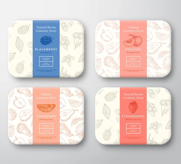 Jordgubbar, björnbär, persika och tangerin kartonger Set. Abstrakt Vector Wrapped Paper Cosmetics Container Label Cover. Förpackningsdesign. Handritade frukter bakgrund mönster Layout. — Stock vektor