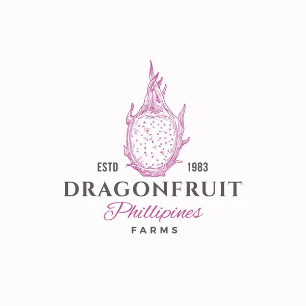 Абстрактный векторный знак, символ или шаблон логотипа Dragon Fruit Farms. Ручной рисунок Dragonfruit с ретро-типографикой. Винтаж роскоши Emblem. — стоковый вектор