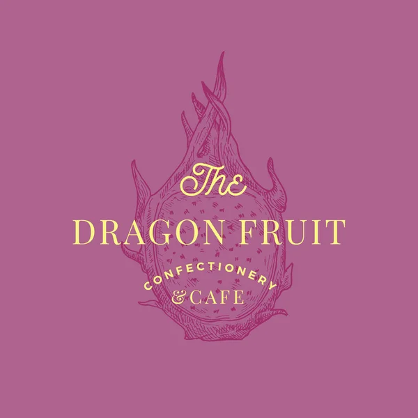 Dragon Fruit Cafe Abstraktes Vektorzeichen, Symbol oder Logo-Vorlage. Handgezeichnete Skizze Drachenfrucht mit Retro-Typografie. Vintage Luxus Emblem. — Stockvektor