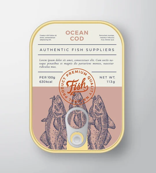 Canned Ocean Fish Abstract Vector Aluminium Container Container Packaging Design or Label. Nowoczesny Baner Typograficzny, Ręcznie rysowana sylwetka dorsza z literowym logo. Kolor papieru tło układ. — Wektor stockowy