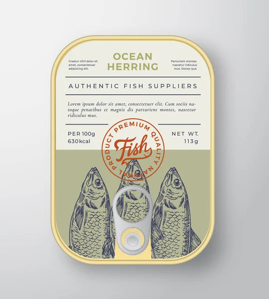 Canned Ocean Fish Abstract Vector Aluminium Container Packaging Design (dalam bahasa Inggris). Modern Typography Banner, Hand Drawn Herring Silhouette dengan Lettering Logo Stamp. Tata Letak Latar Belakang Kertas Warna. - Stok Vektor