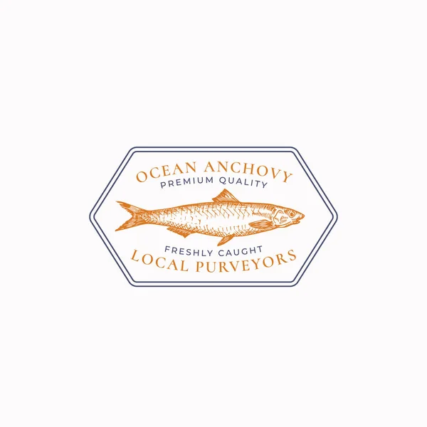 Значок Fish Vintage Frame или шаблон логотипа. Ручной рисунок Анчоусовой эмблемы Дикого океана с ретро-типографикой. — стоковый вектор