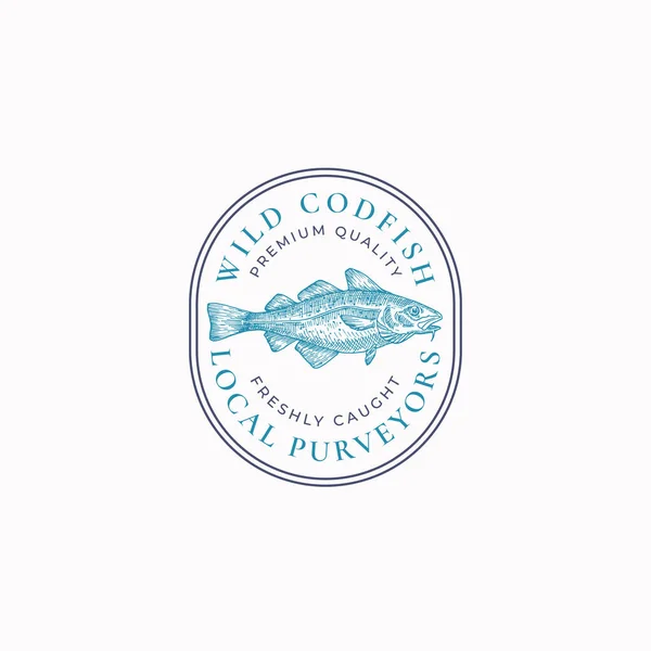 Риба Урожай рамка значок або логотип шаблон. Рука намальована риба тріски дикого океану Ескіз емблеми з ретро типографією . — стоковий вектор