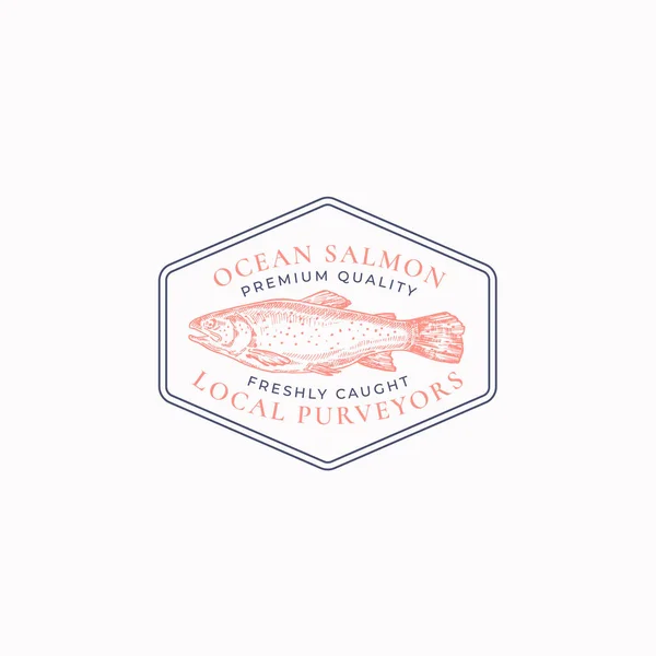 Balık Vintage Frame Rozeti veya Logo Şablonu. Retro tipografi ile El Çizimi Vahşi Somon Çizimi Amblemi. — Stok Vektör