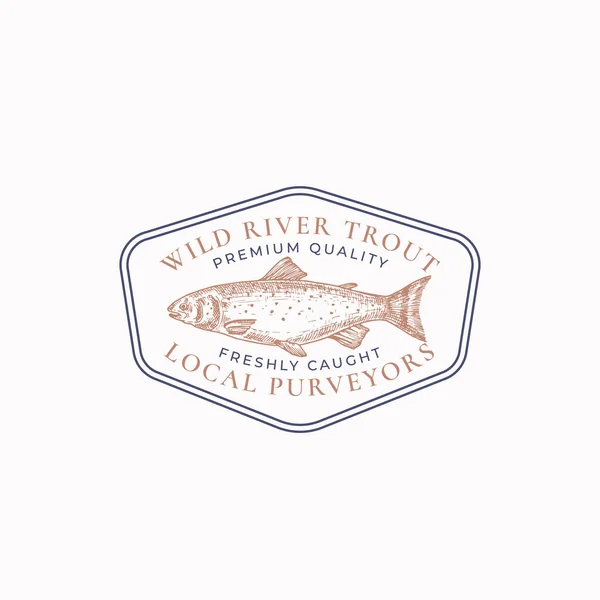 Emblema de moldura vintage de peixe ou modelo de logotipo. Emblema de esboço de truta de rio selvagem desenhado à mão com tipografia retro. —  Vetores de Stock