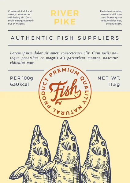 River Fish Abstractベクトルパッケージングデザインまたはラベル。現代のタイポグラフィのバナー、手書きのロゴスタンプとパイクシルエットを描いた。カラーペーパー背景レイアウト. — ストックベクタ