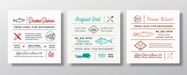 Poisson et fruits de mer locaux Panneaux de fête ou de restaurant, titres ou éléments de décoration de menu. Retro Typography Layouts Bundle with Hand Drawn Trout, Tuna and Salmon Sketches. Modèles d'étiquettes vintage. — Image vectorielle