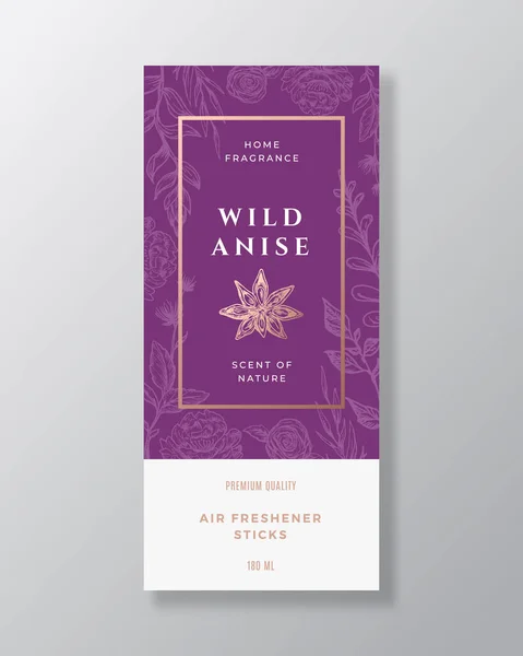 Anise Spice Home Fragrance Abstract Vector Label Template. Handgezeichnete Skizze Blumen, Blätter Hintergrund und Retro-Typografie. Premium Room Parfum Packaging Design Layout. Realistische Attrappe. — Stockvektor