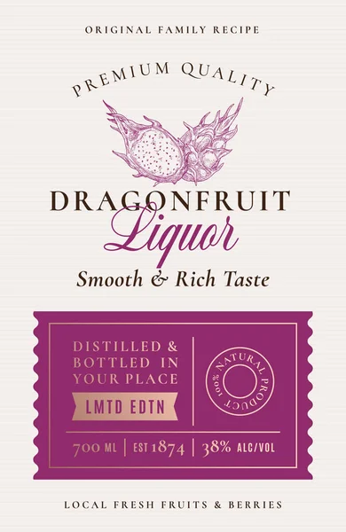 Οικογενειακή συνταγή Dragon Fruit Liquor Acohol Label. Αφηρημένη διάταξη σχεδιασμού συσκευασίας διάνυσμα. Modern Typography Banner with Hand Drawn Pitaya Silhouette Λογότυπο και φόντο. — Διανυσματικό Αρχείο