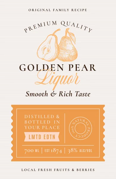 Familj recept päron sprit alkohol etikett. Abstrakt vektor förpackningsdesign layout. Modern typografi Banner med handritade päron med en skiva siluett logotyp och bakgrund. — Stock vektor