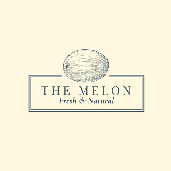 Melon Abstract Vector Sign, Symbol or Logo Template. Hand Drawn Fruit Sillhouette Sketch with Elegant Retro Typography and Frame. Vintage Luxury Emblem. — Stock Vector