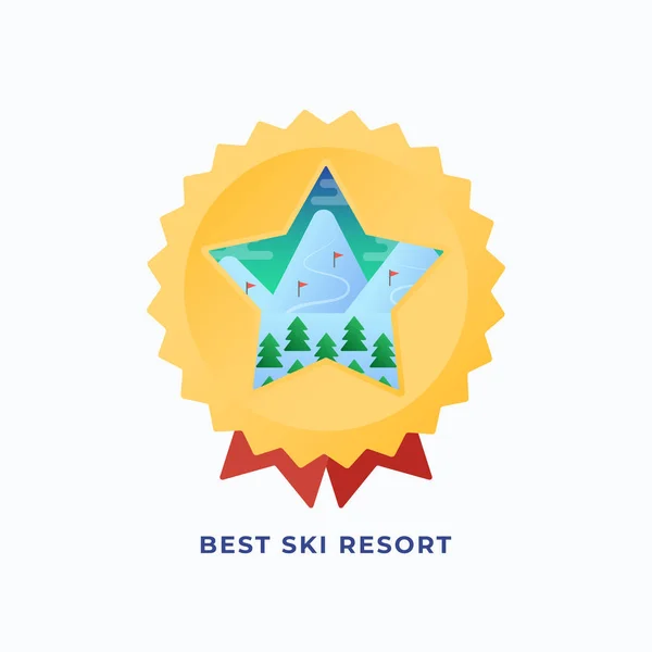 Medalha Best Snowboard Resort. Ilustração de estilo plano vetorial com montanhas e pinheiros Esqui Rotas fundo. Prémio ou Distintivo Star Rating. Ícone ou banner de esportes de ação ao ar livre. — Vetor de Stock