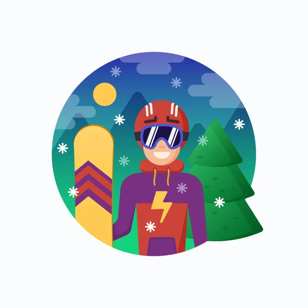 Sorrindo Snowboarder em Capacete com Snowboard. Ilustração em estilo plano vetorial com montanhas e fundo nevado de pinheiro. Instrutor de Esqui ou Guia. Ícone ou banner de esportes de ação ao ar livre. — Vetor de Stock