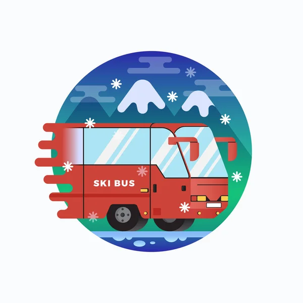 Ski or Snowboard Resort Shuttle Bus. Wektor płaski styl Ilustracja z tła gór. Alpine Outdoor Action Sport ikona lub sztandar. — Wektor stockowy