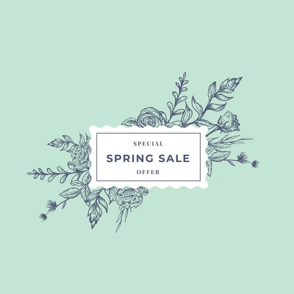 스프링 세일 (Spring Sale Abstract) 식물의 배너 (Botanical Banner) 또는 라펠 (Label) 은 경사각 식물상 (Ractangle Floral Frame) 과 함께 한다. 손은 장미와 꽃, 잎은 스케이트를 그렸다. 파텔그린 컬러 특허청 광고 백서. — 스톡 벡터