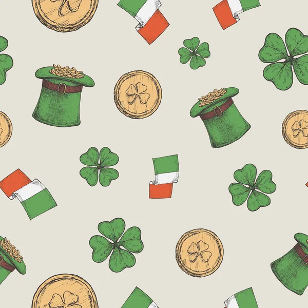 Chapeau Leprechaun dessiné à la main avec des pièces d'or et des drapeaux irlandais Modèle de fond sans couture vectoriel avec Shamrock chanceux vert. Croquis de vœux de Saint Patrick Carte, modèle d'emballage ou de couverture — Image vectorielle