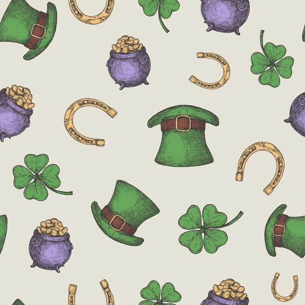 Ręcznie rysowane leprechaun kapelusz, podkowa i Treasure Pot wektor bezszwowy wzór tła z zielonym Lucky Shamrock. Święty Patryk Świętowanie Pozdrowienia Szkice kartka, Owijanie lub okładka szablon — Wektor stockowy