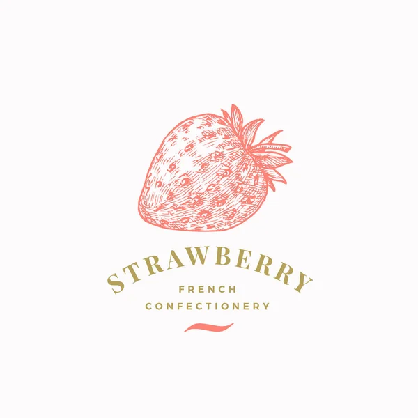 Fragola Pasticceria Astratto Vettoriale Segno, Simbolo o Logo Template. Pasticceria disegnata a mano Berry Sketch Sillhouette con elegante tipografia retrò. Emblema di lusso vintage. — Vettoriale Stock