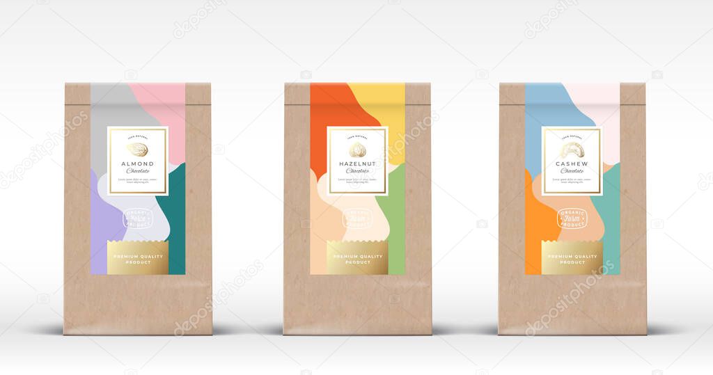 Craft Paper Bag with Nuts Chocolate Labels Set. Abstract Vector Packaging Design Layout with Realistic Shadows. Hand Drawn Hazelnut, Cashew and Almond Sketch Silhouettes Background.