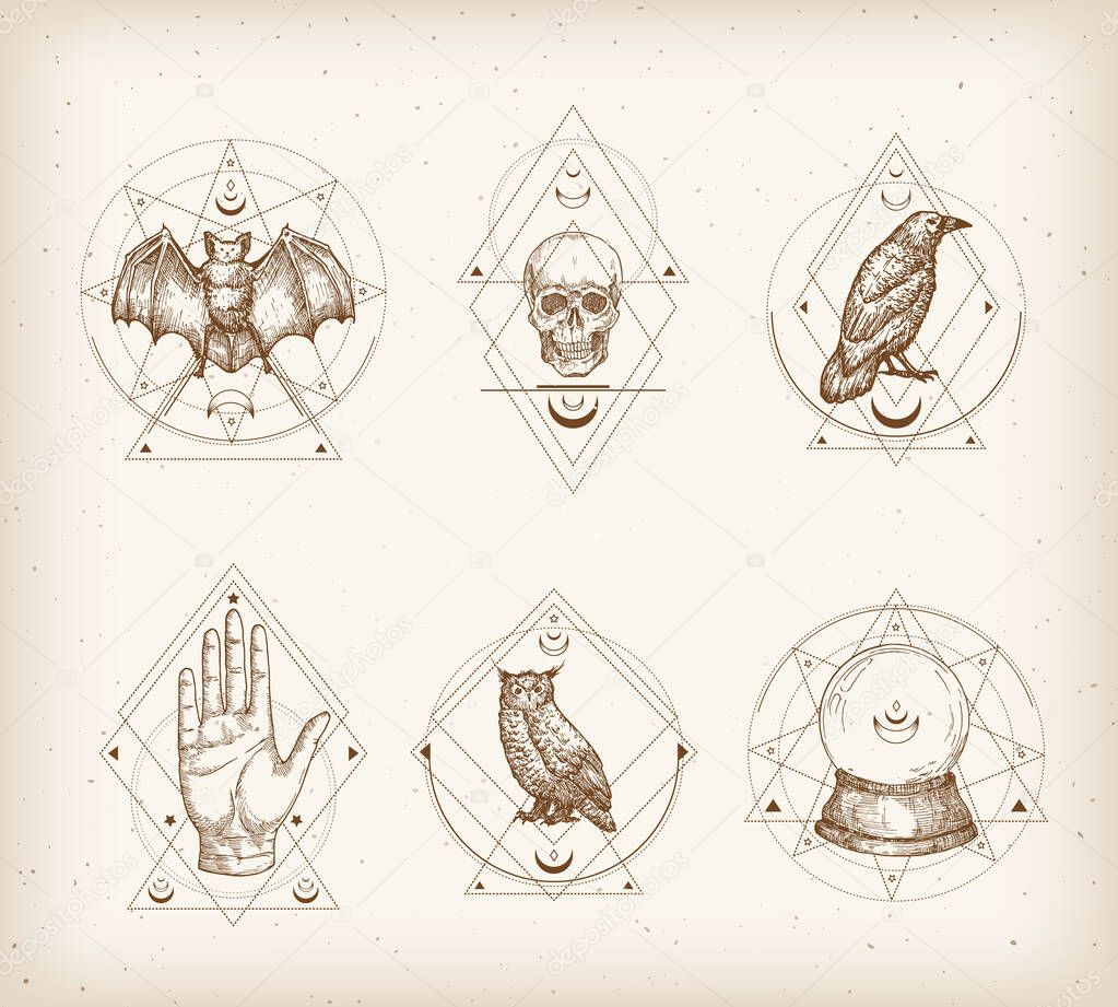 Vintage Style Occultism Logos or Astrology Label Templates Set. Hand Drawn Bat, Skull, Raven, Owl and Palm Hand Sketches with Retro Typography. Shabby Texture Background.