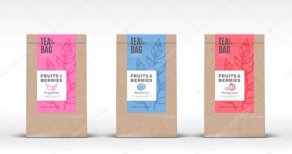 Craft Paper Bag with Fruit and Berries Tea Labels Set. Abstract Vector Packaging Design Layout with Realistic Shadows. Hand Drawn Pomegranate, Dragon Fruit and Blackberry Silhouettes Background.