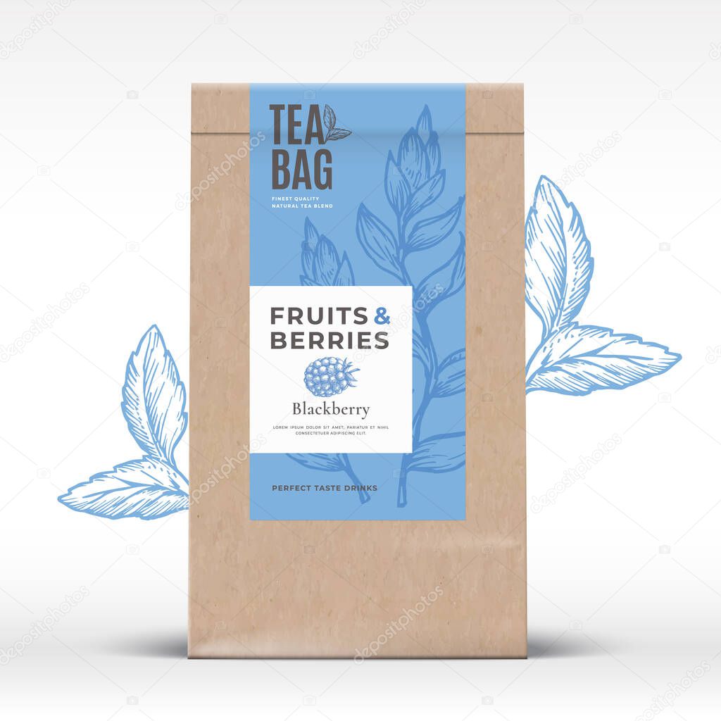 Craft Paper Bag with Fruit and Berries Tea Label. Abstract Vector Packaging Design Layout with Realistic Shadows. Modern Typography, Hand Drawn Blackberry and Leaves Silhouettes Background. Isolated.