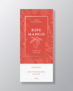 Mango Ev Kokusu Soyut Vektör Etiketi Şablonu. El Çizimi Çizimi Çiçekleri, Arkaplan Arkaplanı ve Retro Typography. Premium Room Parfüm Paketi Tasarımı. Gerçekçi Model.