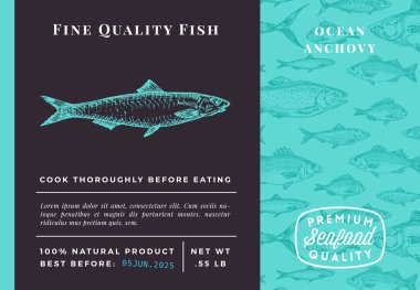 Premium Kaliteli Ançüez Soyut Vektör Tasarımı veya Etiketi. Modern Typography and Hand Drawn Sketch Fish Desenli Deniz Ürünleri Planı