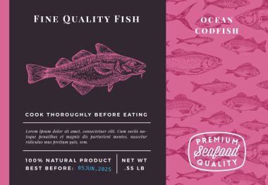 Kaliteli Morina Balığı Soyut Vektör Tasarımı veya Etiketi. Modern Typography and Hand Drawn Sketch Fish Desenli Deniz Ürünleri Planı