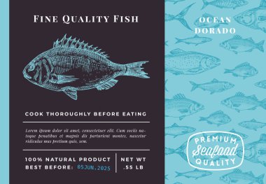 Kaliteli Dorado Soyut Vektör Tasarımı veya Etiketi. Modern Typography and Hand Drawn Sketch Fish Desenli Deniz Ürünleri Planı